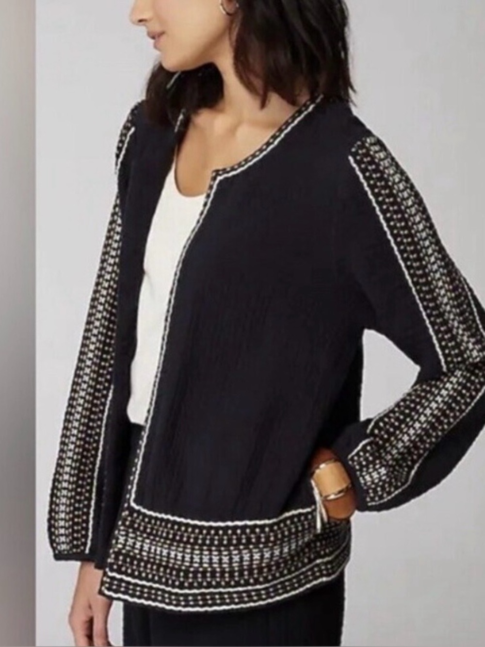 Pure Jill Black Double Gauze Cotton Embroidered Open Front Layering Jacket S